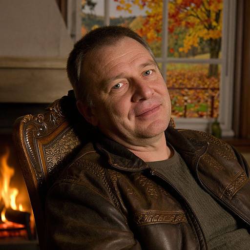 Photograph of a middle-aged man with short dark hair, slight smile, wearing a dark leather jacket, seated by a lit fireplace, autumn leaves visible