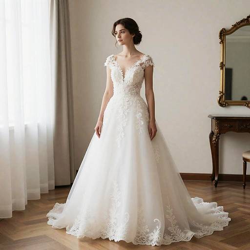 Photograph of a fair-skinned, dark-haired woman in an elegant, white lace wedding gown with a full skirt, standing in a softly lit,