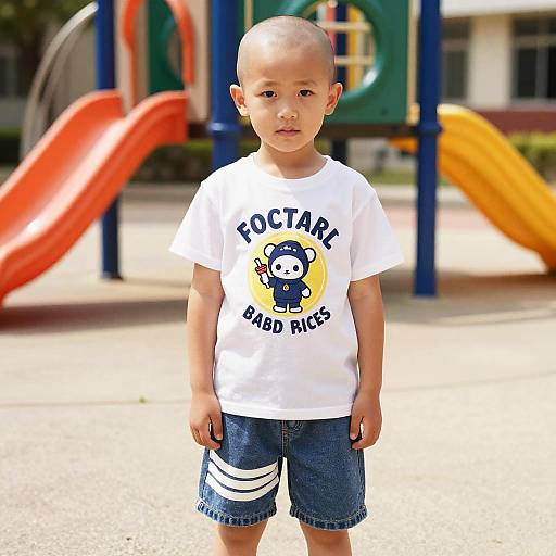 Photograph of a young boy with shaved head, wearing a white 