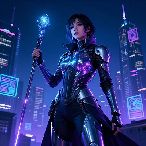 Cyberpunk woman in shiny black armor holding glowing staff, standing in neon-lit cityscape, futuristic digital screens in background. Photorealistic CGI