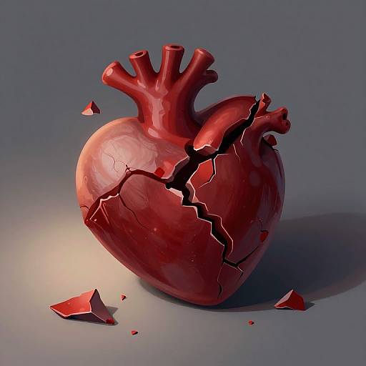 Digital artwork of a broken, red, glossy heart with cracks and fragments on a gray background, illuminated by a soft light.