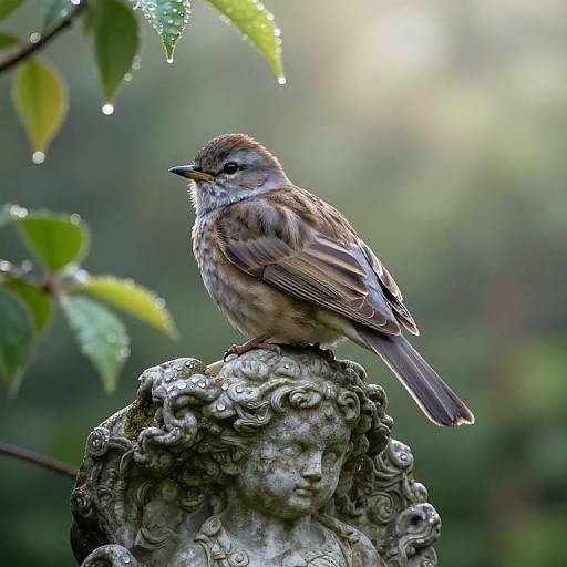 Photograph of a small brown and white sparrow perched on a detailed stone statue, surrounded by dew-covered green leaves.