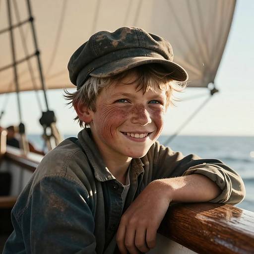 Photograph of a smiling, freckled young boy with dirty blond hair, wearing a worn gray cap and shirt, leaning on a ship's railing