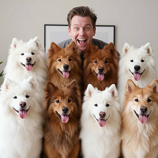 Man Smiling with Six Fluffy Dogs