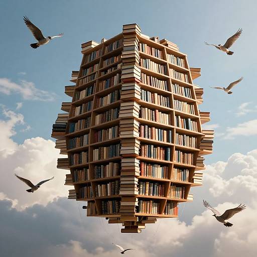 Colossal Floating Bookshelf Among Clouds