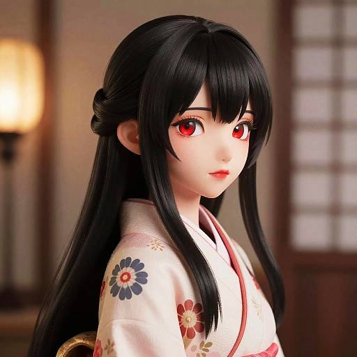 Digital anime-style portrait of a young woman with long black hair, red eyes, wearing a white floral kimono, softly lit room.