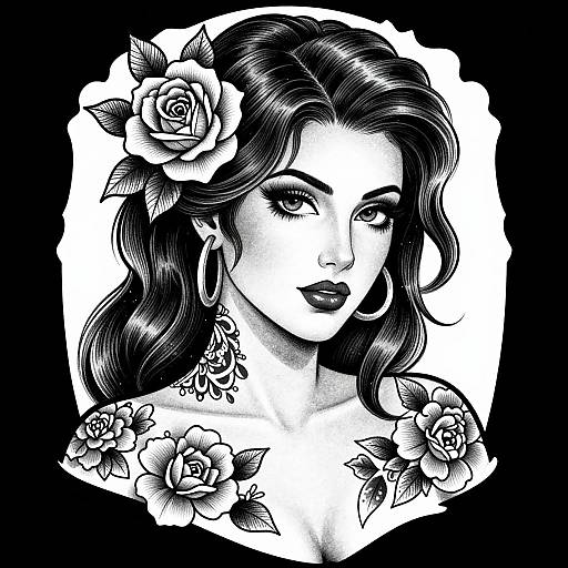 Black and white tattoo-style digital drawing of a woman with long wavy hair, rose in hair, large hoop earrings, and floral tattoos on shoulders,