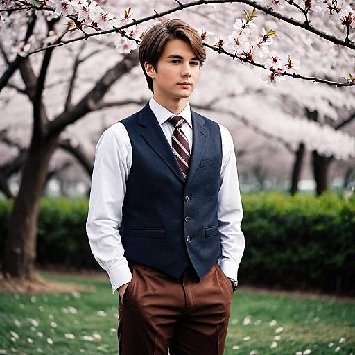 Young Man in Formal Spring Outfit with Cherry Blossoms