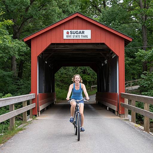 Photograph of a smiling woman in a blue tank top and shorts riding a bicycle through a red 
