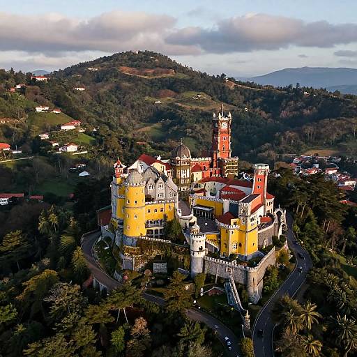 Aerial photo of a colorful, yellow and red castle with towers and domes, surrounded by lush green hills and trees, under a partly cloudy sky