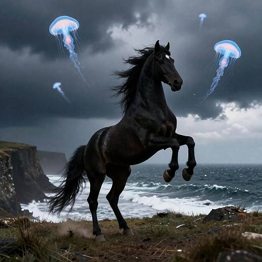 Rearing Black Stallion on Bioluminescent Cliff