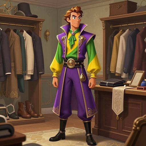 Digital illustration of a young man with brown hair in a vibrant, Victorian-style outfit with purple and green sleeves, standing in a well-organized, wooden