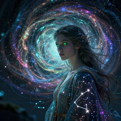 Digital artwork of a mystical woman with glowing green eyes and long hair, surrounded by a swirling vortex of colorful stars and cosmic lights, wearing a star-pattern
