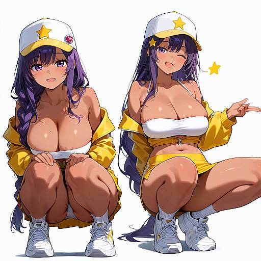 Dark-skinned Anime Girl in Yellow Outfit Multiple Poses