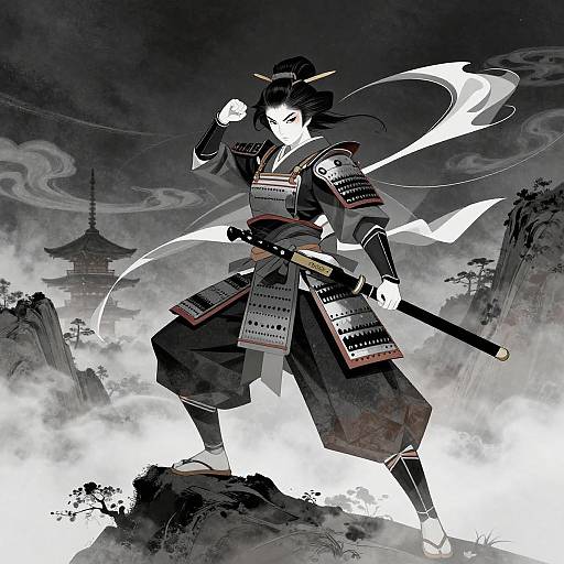 Digital illustration of a fierce samurai with black hair, horned helmet, and white flame, standing on a rocky cliff, wielding a sword, amidst