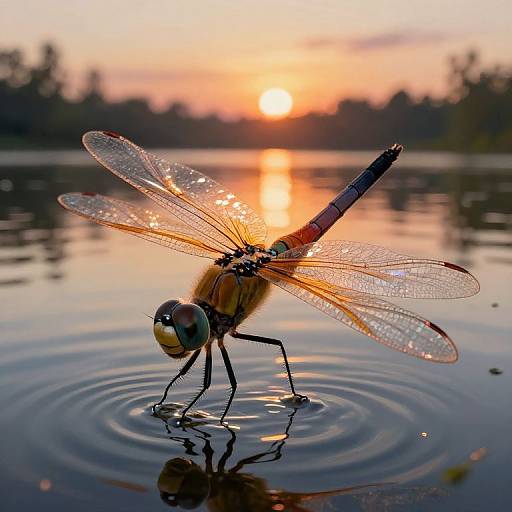 Photograph of a dew-covered dragonfly with translucent wings, standing on water ripples at sunset, reflecting the orange and pink sky.
