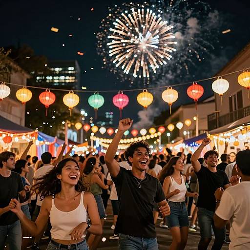Photograph of a joyful crowd celebrating at a nighttime festival with colorful lanterns, fireworks, and vibrant street lights. People cheer, laugh, and dance