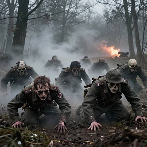 Photograph of six zombie-like soldiers with skull masks and military uniforms, crawling through a smoky forest with one soldier firing a gun in the background.