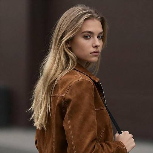 Blonde Woman in Brown Suede Jacket