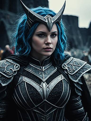 Photograph of a blue-haired woman in detailed, silver medieval armor with intricate designs, wearing a pointed helmet, standing in a dark, blurred outdoor setting