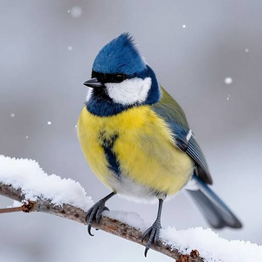 Photograph of a vibrant blue, yellow, and white Great Tit bird perched on a snow-covered branch, with a blurred, snowy background.