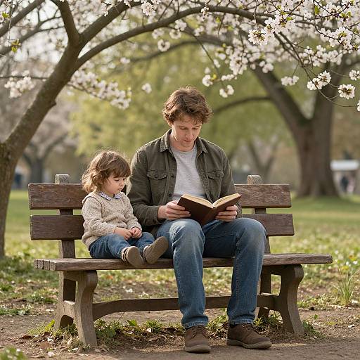Photograph of a man and young girl sitting on a wooden bench in a park, reading books, surrounded by blooming cherry blossoms.