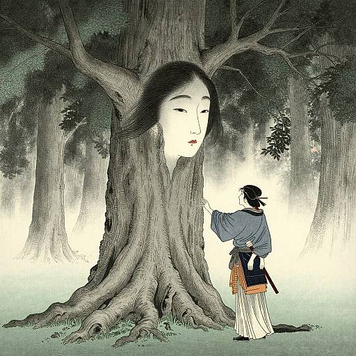 Traditional Japanese woodblock print: A woman with black hair in a kimono stands before a massive tree with a serene, face-like carving. Background features