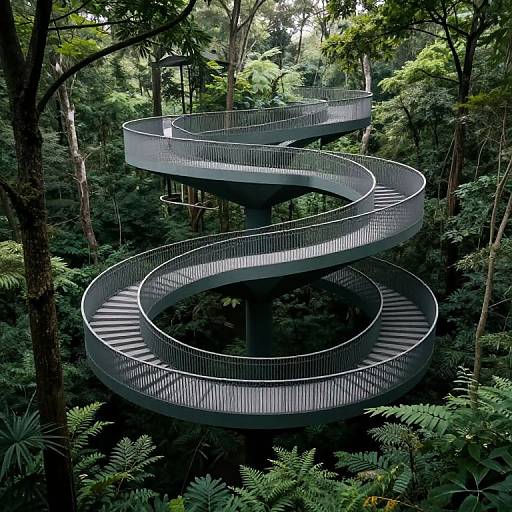Photograph of a modern, spiral metal staircase winding through a lush, dense forest, with rich green foliage and towering trees surrounding it.