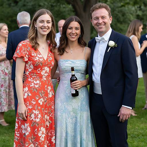 Photograph of three smiling adults at an outdoor event; woman in red floral dress, woman in white lace dress holding bottle, man in black tux