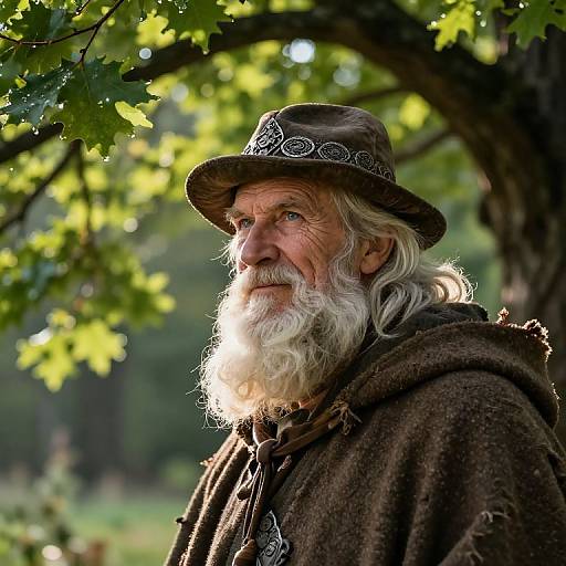 Photograph of an elderly white man with a long white beard, wearing a brown hat and cloak, standing under a sunlit tree.