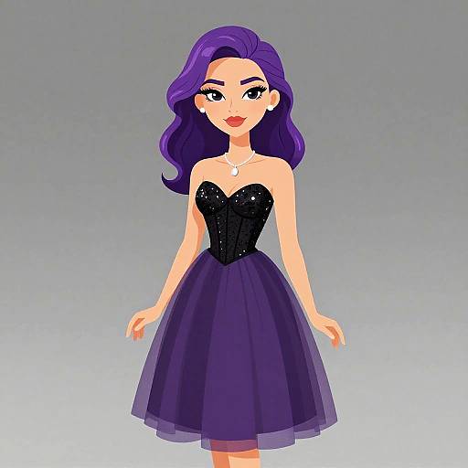 Digital illustration of a fair-skinned woman with vibrant purple hair, wearing a strapless black corset and purple tulle skirt, standing against a gradient