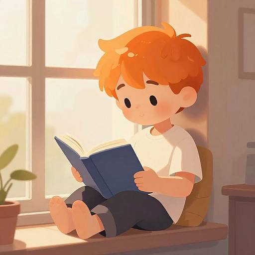 Cartoon-style digital illustration of a red-haired boy with a white shirt and dark pants, sitting on a window ledge reading a blue book, bathed