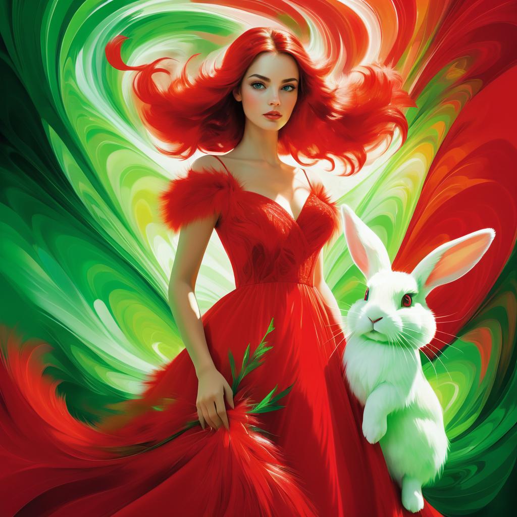 Surreal Woman in Red Dress with Rabbit