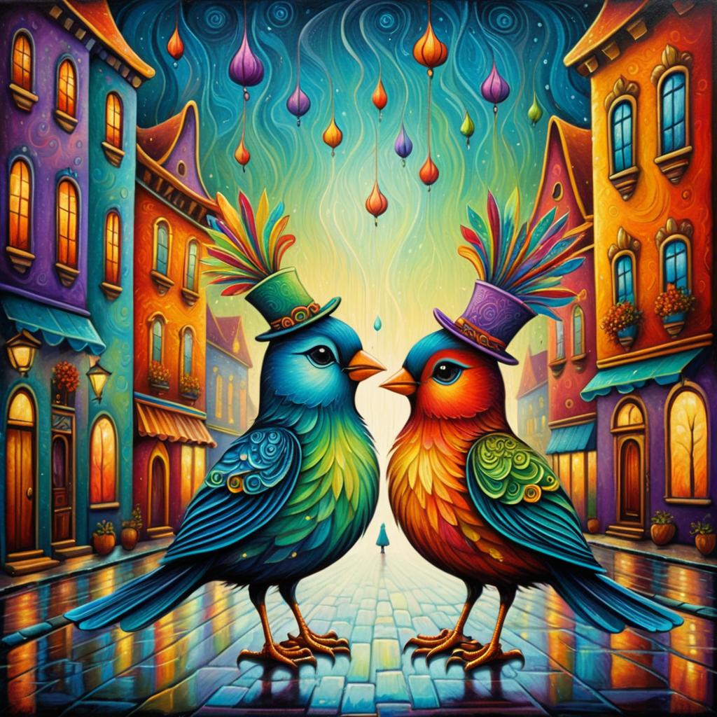 Whimsical Birds on a Colorful Rainy Street