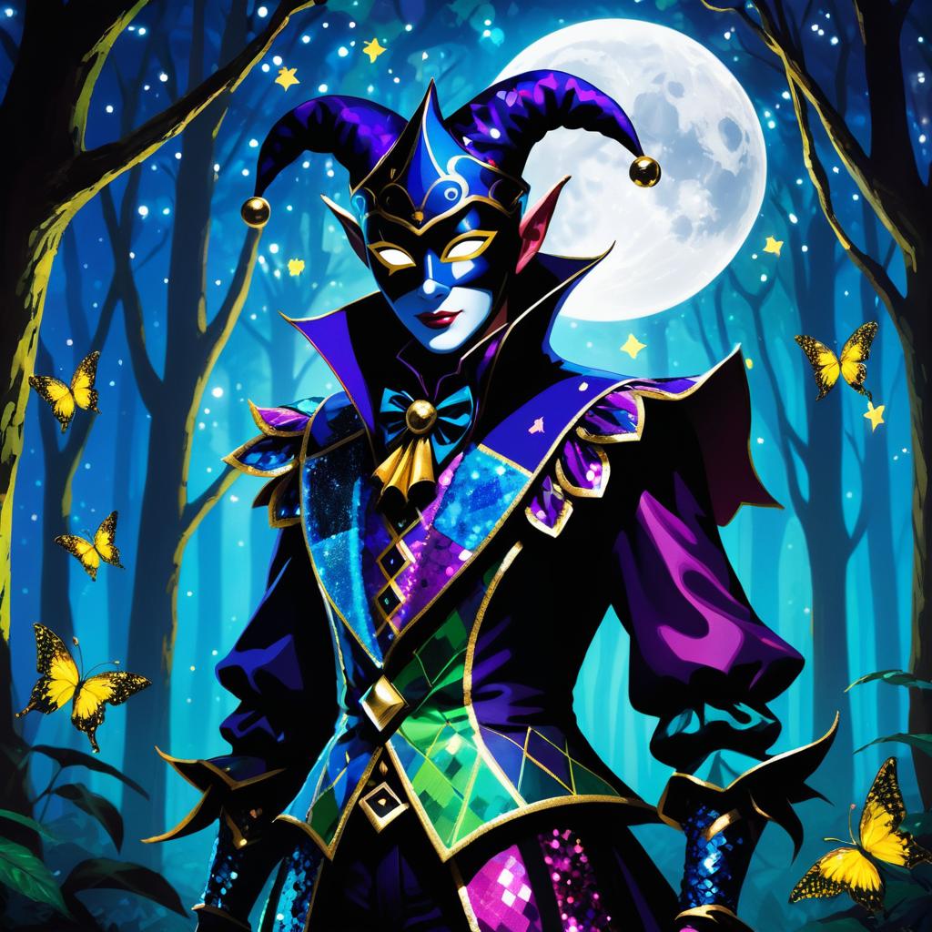 Mysterious Jester in Moonlit Forest