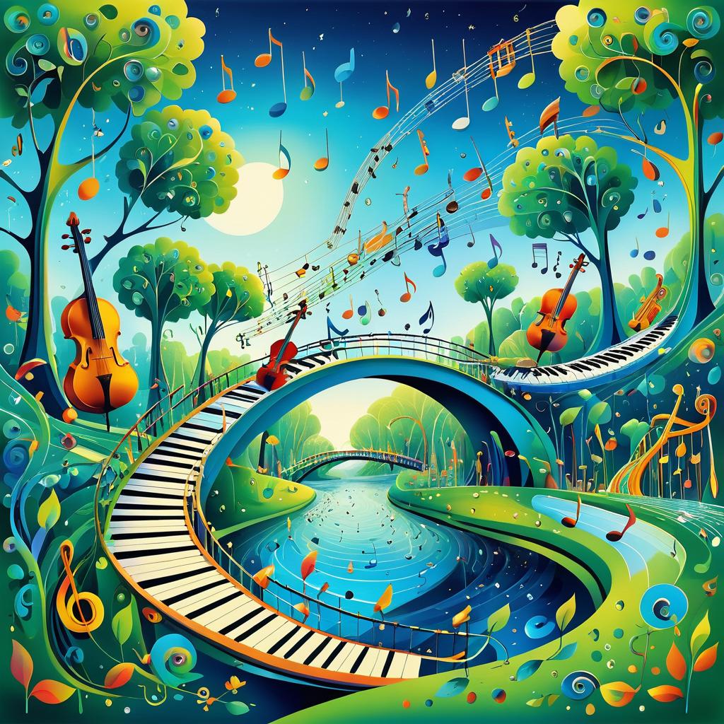 Musical Bridge in a Whimsical Landscape