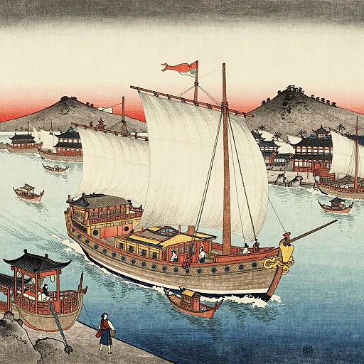 Ukiyo-e Ink Painting of Chinese Junk Fleet
