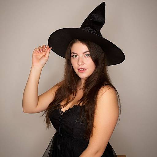 Photograph of a young woman with long brown hair, wearing a black lace dress and a large black witch hat, smiling, holding the hat's br