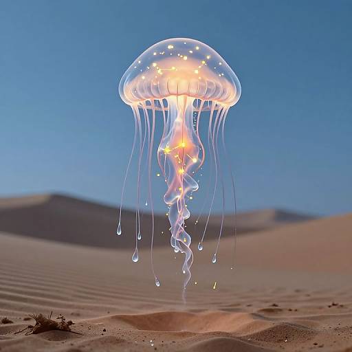 Photograph of a glowing jellyfish with translucent, starlit dome and trailing tentacles, floating over a desert with dunes under a clear blue sky