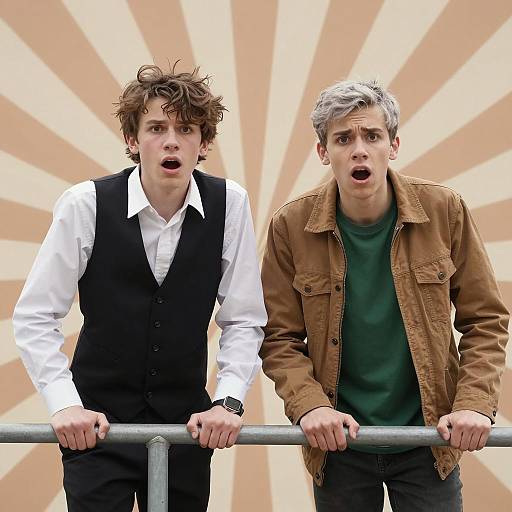 Shocked Teenage Boys Leaning on Railing