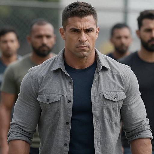 Serious Muscular Man With Group