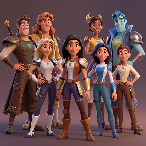 CGI image of six animated adventurers: two men, three women, one boy, in fantasy armor and outfits, standing confidently.