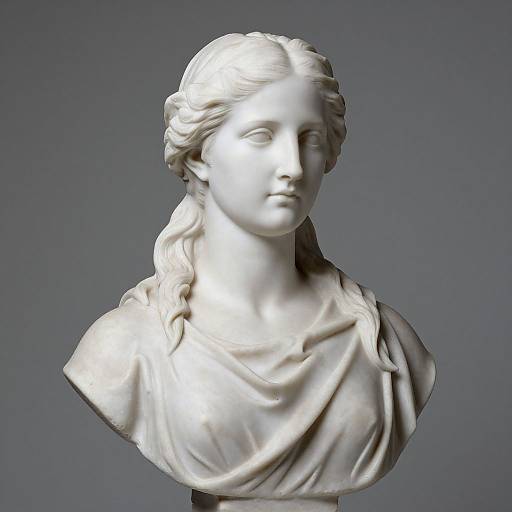 Photograph of a classical white marble bust of a serene young woman with long, wavy hair, wearing a draped garment, against a plain gray background