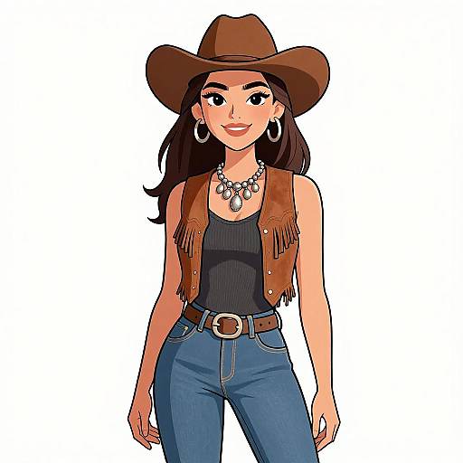 Digital cartoon of a confident woman with long black hair, wearing a brown cowboy hat, fringed brown vest, black tank top, blue jeans, and