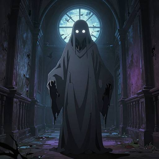 Digital illustration of a ghostly figure with glowing white eyes, tattered cloak, and dripping limbs, standing in a dark, abandoned church with a blue