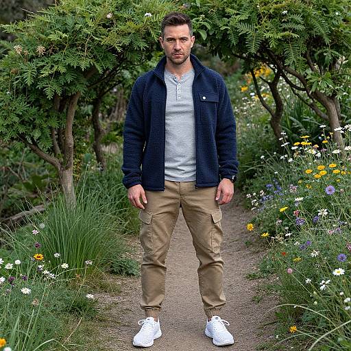 Photograph of a bearded man with short brown hair, wearing a navy jacket, white shirt, beige pants, and white sneakers, standing on a