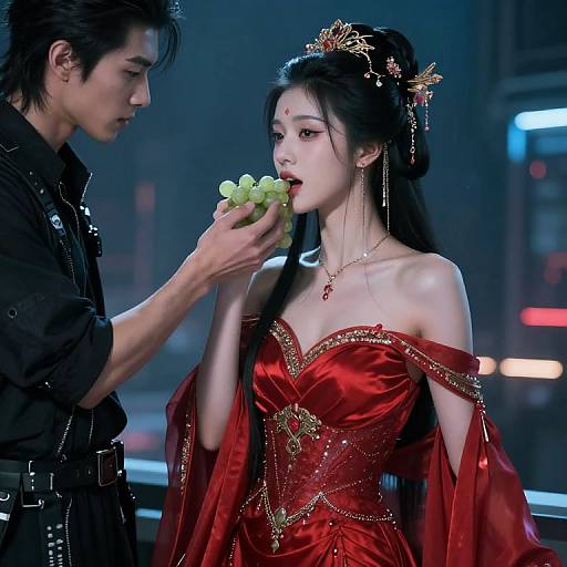 Photograph of an Asian couple in a futuristic city; the man in black offers grapes to the woman in a red, off-shoulder, gold