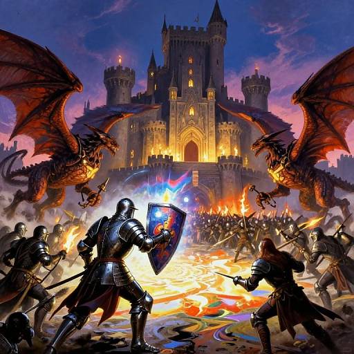 Epic fantasy battle: armored knights clash with dragons before a glowing castle. Fiery explosions and intense colors create dynamic chaos. Digital art.