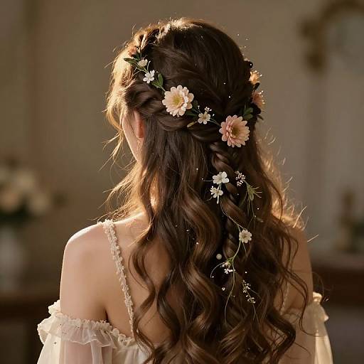 Photograph of a woman with long, wavy brown hair adorned with a flower crown, wearing an off-shoulder white dress, backlit by