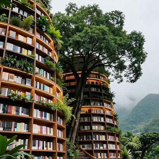 Photograph of a curved, multi-story library building with orange balconies, lush green plants, and a large tree, set against a misty mountain